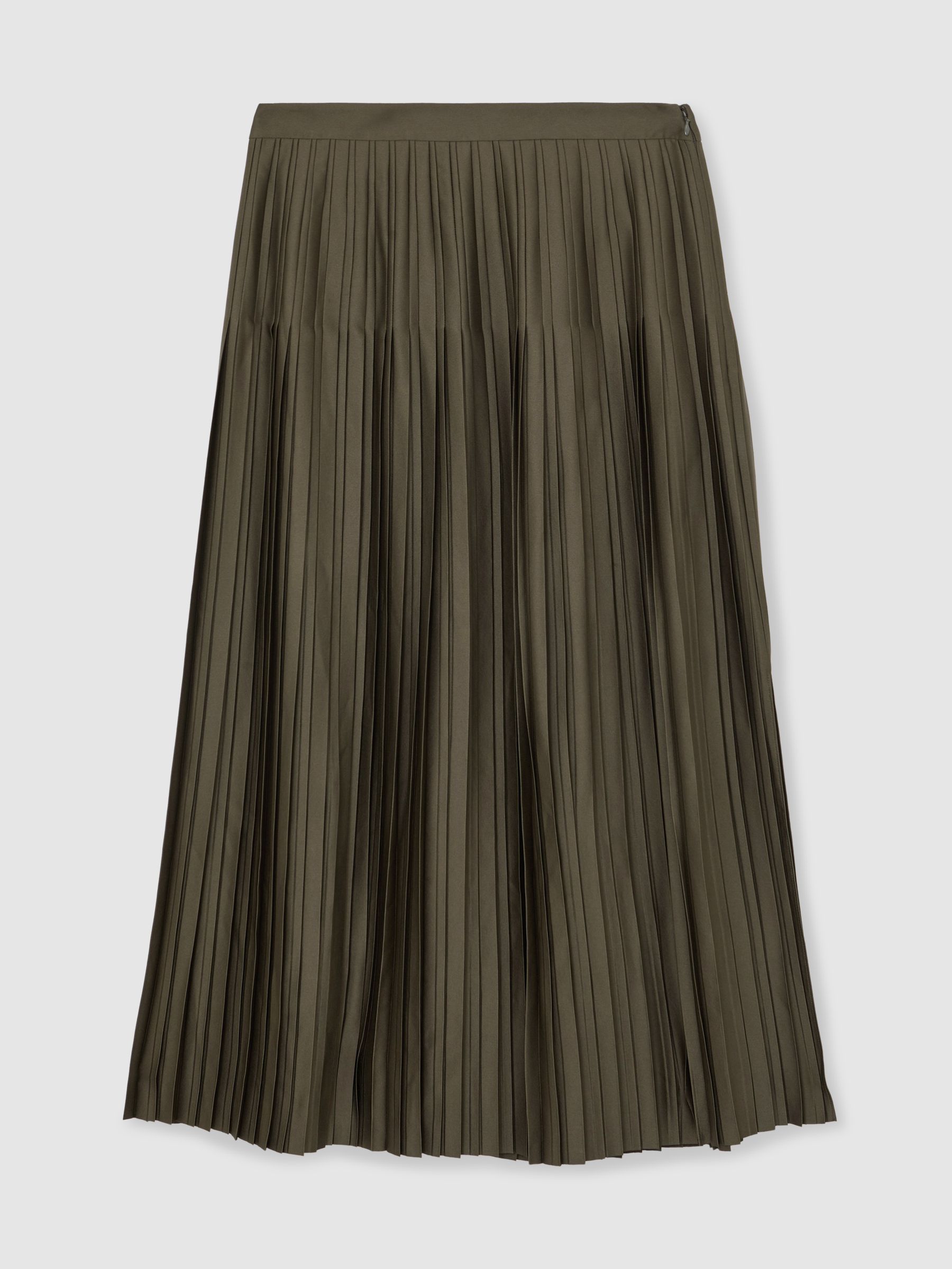 Reiss Satin Pleated Midi Skirt in Khaki Green | REISS