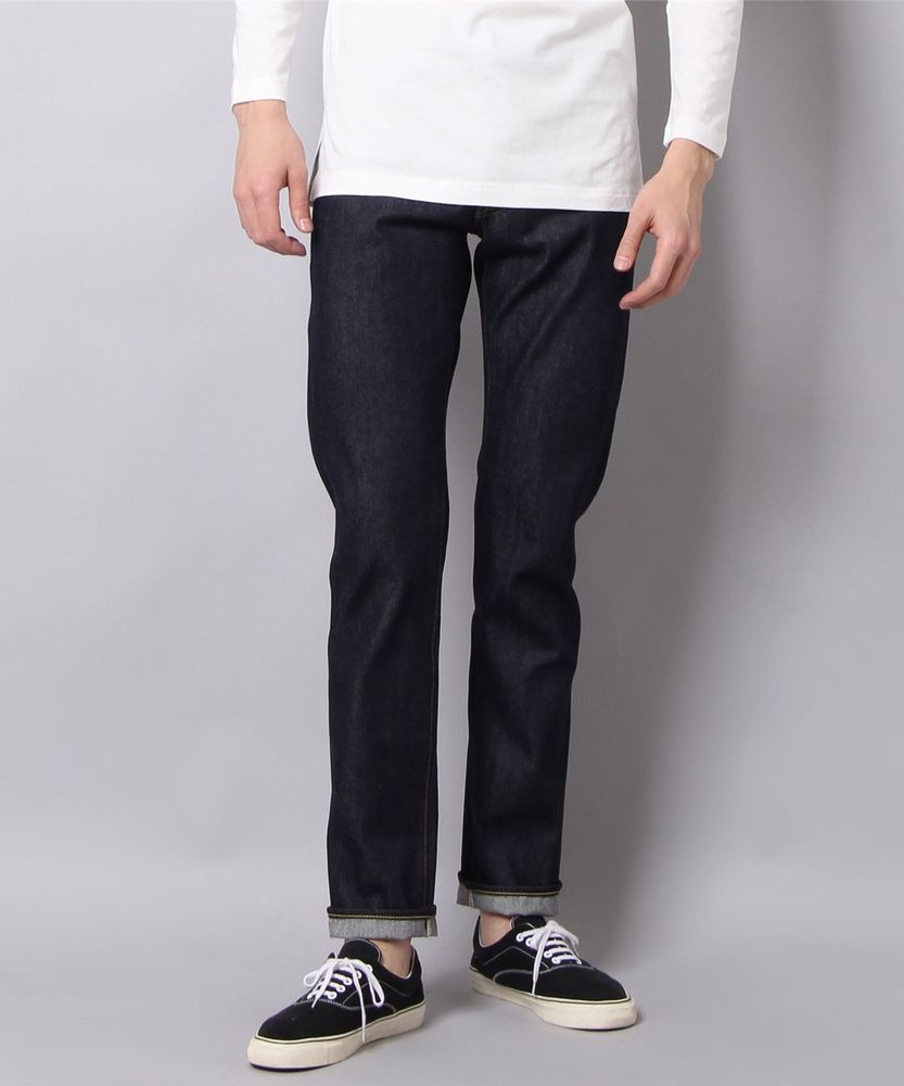 9002赤耳セルビッジテーパードデニムパンツ オレンジペンキステッチ