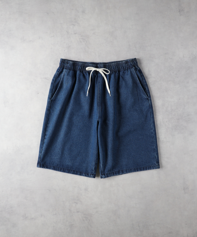 デニムイージーショーツ（ウエスト楽/涼しい/休日コーデ）(M 濃色