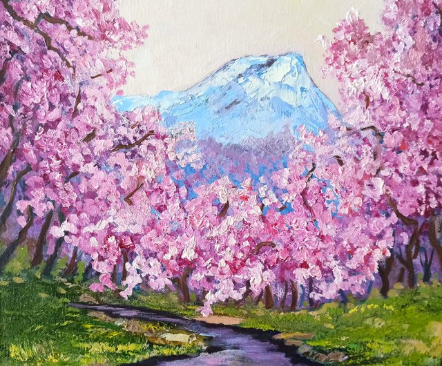 送料無料】ラトビア キャンバスボードに描いた桜の油絵 30x30cm 富士山