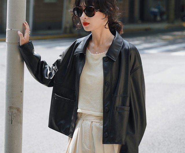 ブラックマット ショート丈フェイクレザーライダースジャケット