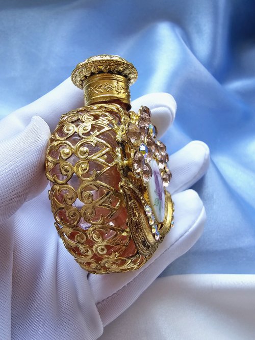 台湾 チェコ工芸ガラス フィリグリーラインストーン 磁器ローズ香水瓶