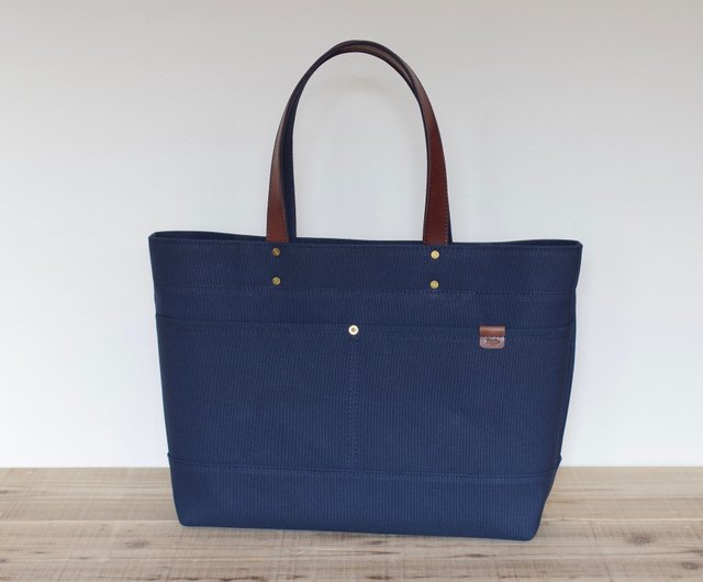 送料無料】レザーハンドル帆布 トートバッグ A4横長 外ポケット