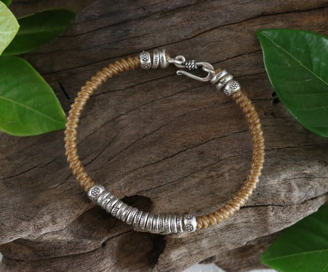 タイ 手作りカレン族シルバービーズ ワックスコードブレスレット、男女