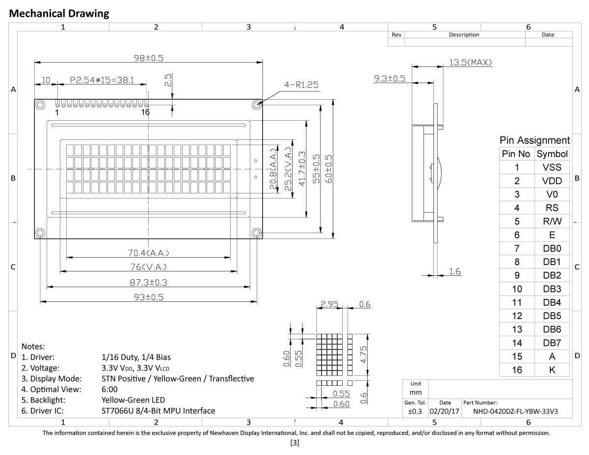 20x4 Character LCD | STN+ Yellow/Green Display with Yellow/Green