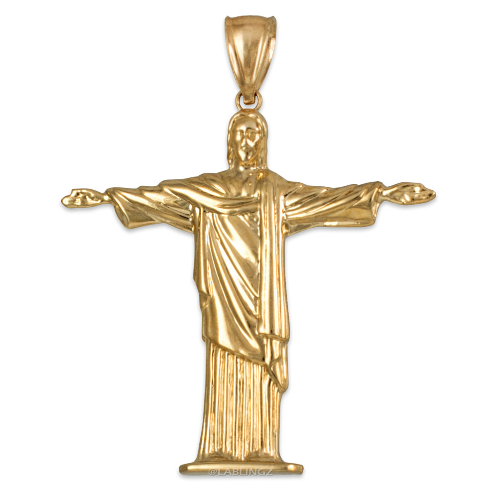 Gold Jesus Christ Redeemer Cross Brazil Rio Statue Pendant | LA Blingz