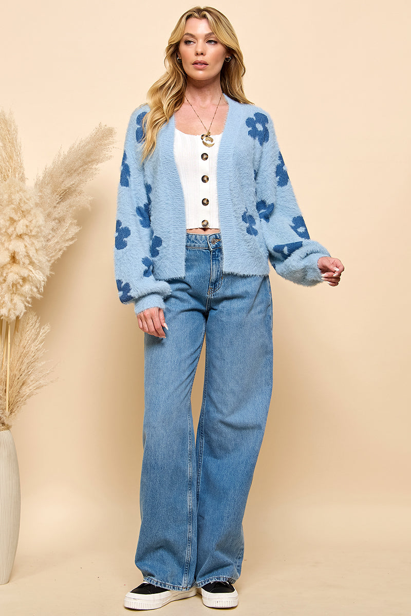 Floral Open Front Fuzzy Cardigan – CEZELE