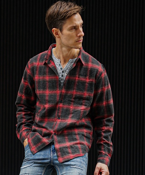 セール】【SOMEDIFF】ピグメント加工オンブレチェックネルシャツ