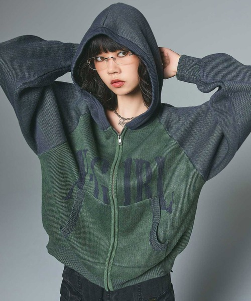 X-girl（エックスガール）の「LOGO JACQUARD ZIP UP KNIT HOODIE
