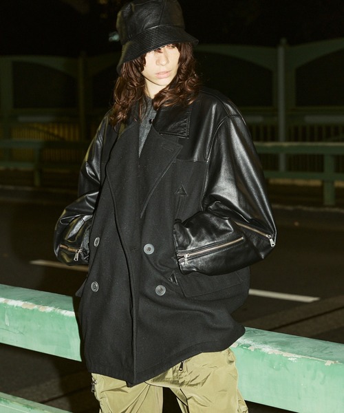 UNISEX》Sheep Leather Melton Combination Pea Coat/シープレザー