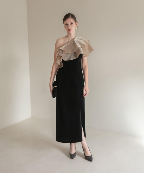 セール】【LEJA】アシンメトリーティアードフリル3WAYベロアIライン