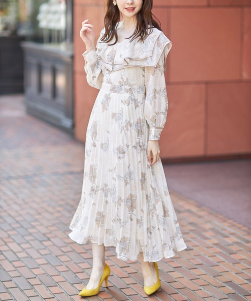 ビッグカラーニュアンスフラワープリントプリーツワンピース