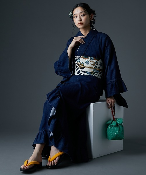 1人で着られる綿100％2WAYデニム浴衣(花柄半襟付き) ＜大きいサイズ有