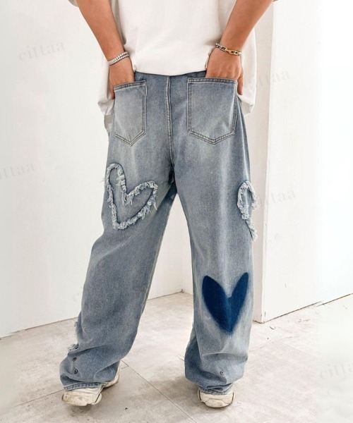 韓国ファッション Y3K Y2K ハートフリンジデザインワイドデニムパンツ