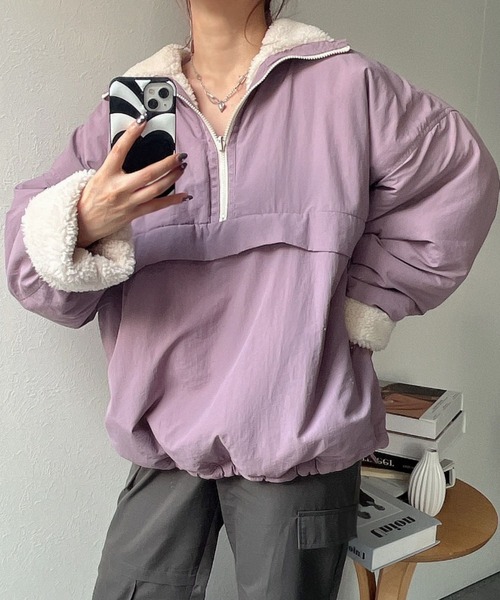 セール】【リバーシブル/2WAY】ハーフジップナイロンボアブルゾン