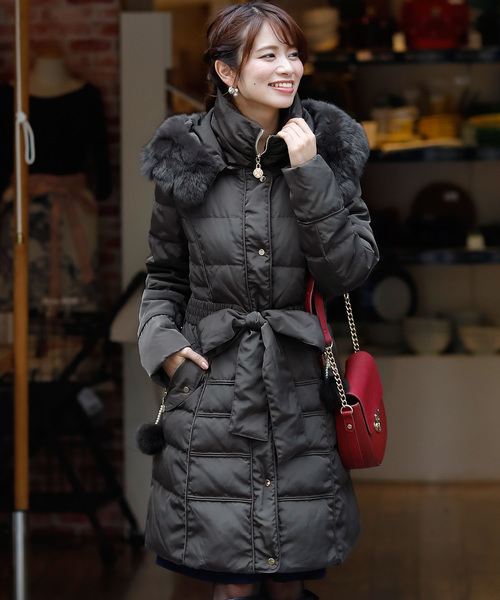 ラビットファーシンプルロングダウンコート リボン結婚式対応（ダウン