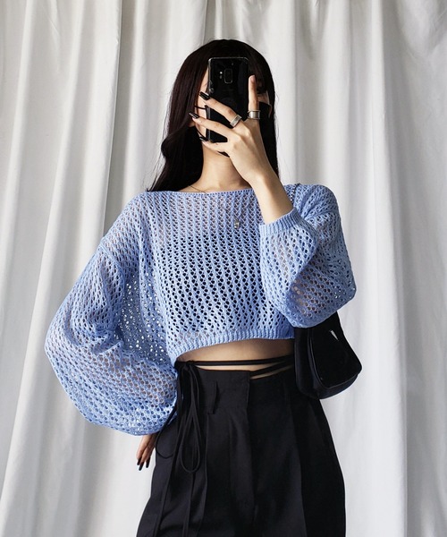 ライムグリーン クロップドニットメッシュ クールカレアン ショート丈