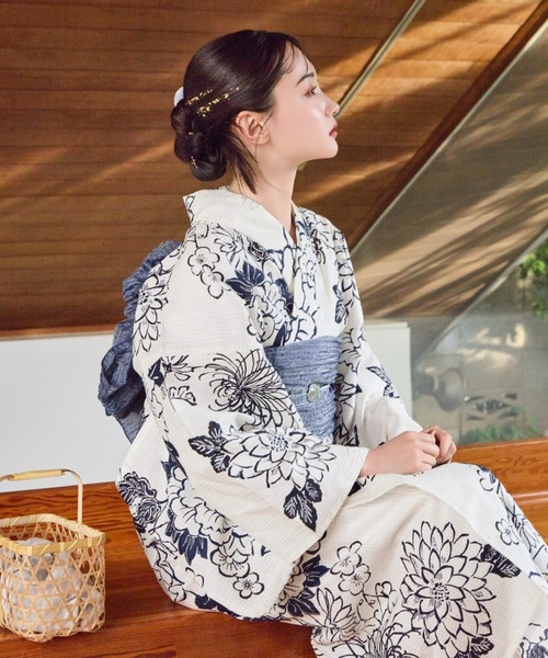 utatane ウタタネ 浴衣 帯 下駄 3点セット ダークネイビー 百合 芍薬