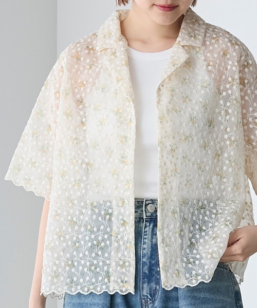 forksy.】【セットアップ対応】花柄刺繍シアーオーガンジーオープン