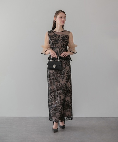 セール】【LEJA】アシンメトリーシアーフラワースパンコールフリル