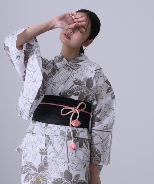 大人浴衣2点セット洗える 綿麻帯 兵児帯 女性 黒 選べる シック レトロ