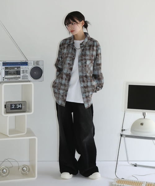 セール】ヴィンテージ加工 オンブレチェック長袖ラウンドカット