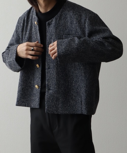 スプリングツイード/チェックラメツイード ゴールドボタンショート丈