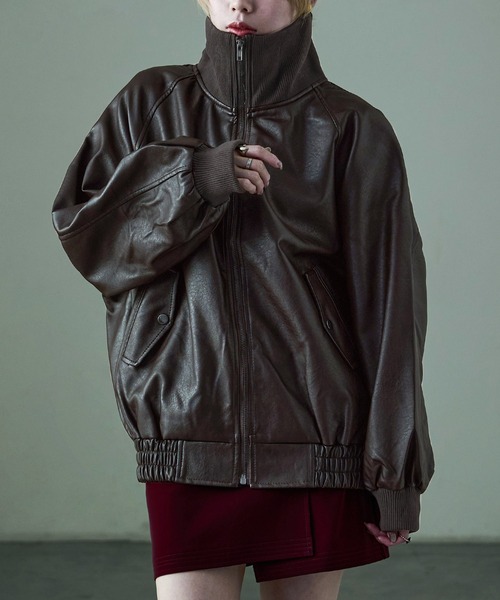 オーバーサイズ スタンドカラー フェイクレザーブルゾン ユニセックス