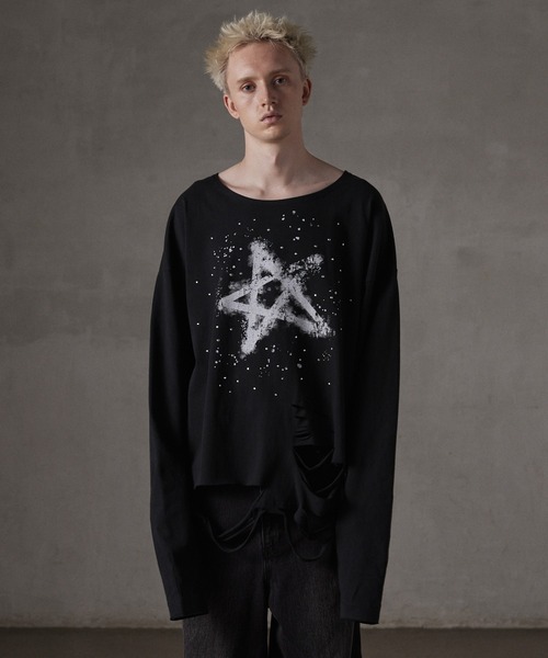 GRANCY】LinestoneDesign Graphic Damage LongTee / ラインストーン