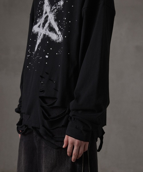 GRANCY】LinestoneDesign Graphic Damage LongTee / ラインストーン