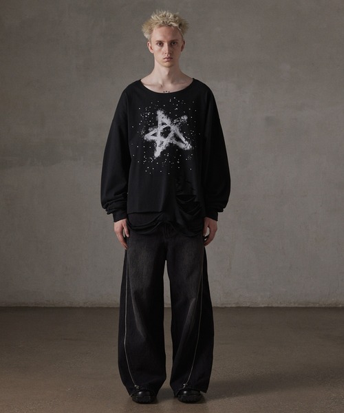 GRANCY】LinestoneDesign Graphic Damage LongTee / ラインストーン