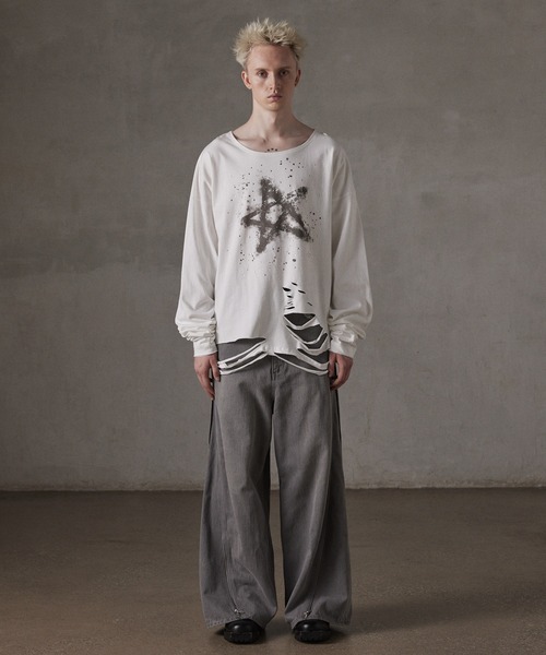 GRANCY】LinestoneDesign Graphic Damage LongTee / ラインストーン