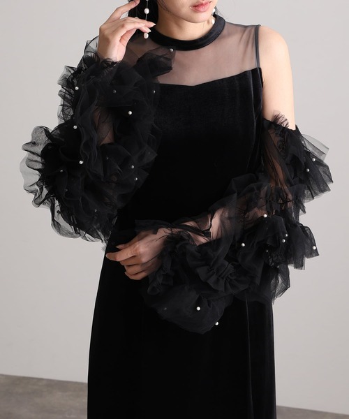 結婚式パーティードレスデタッチドスリーブ袖あり&ミモレ丈お呼ばれ