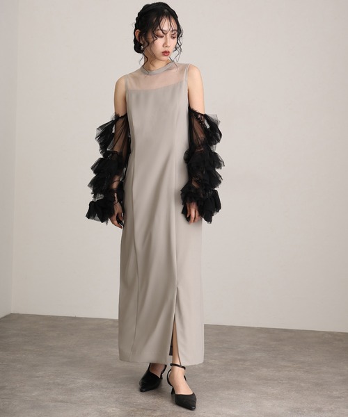 結婚式パーティードレスデタッチドスリーブ袖あり&ミモレ丈お呼ばれ