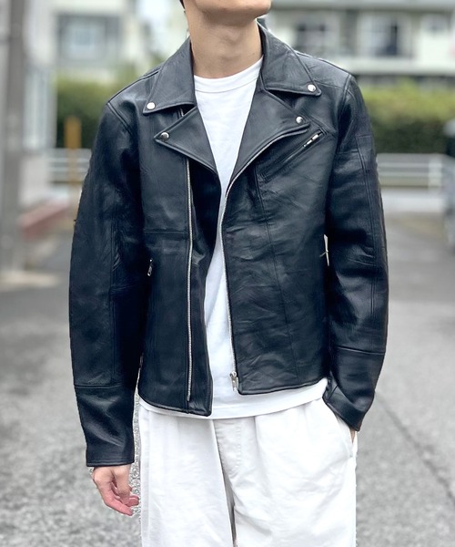 セール】ダブル ライダースジャケット 革ジャン リプロダクトレザー