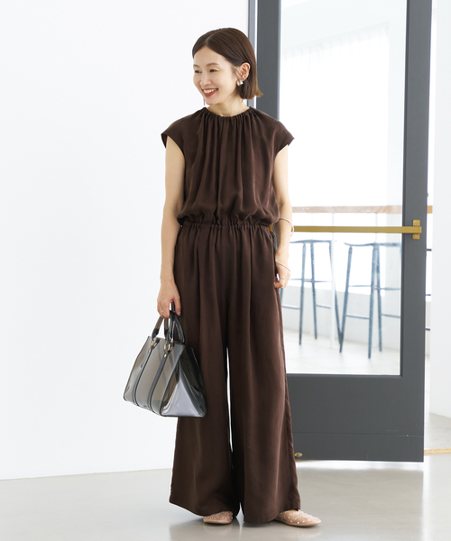 キュプラ ギャザーネックオールインワン（つなぎ/オールインワン