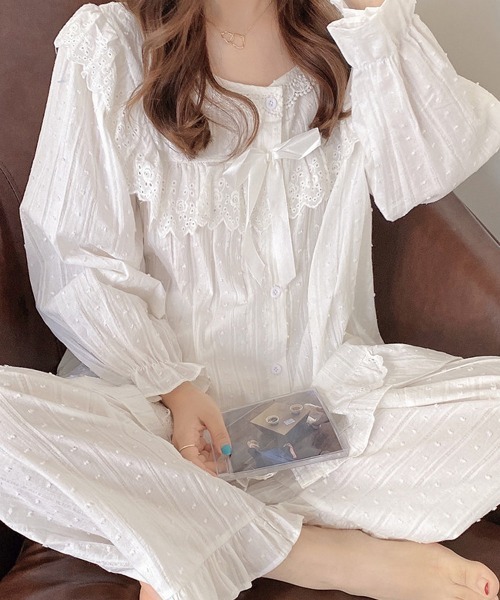セール】レディース フリルレース長袖ルームウェアパジャマ 上下2点