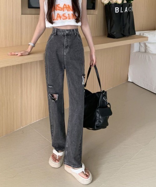 セール】クラッシュ ダメージ デニムパンツ ブラックデニム ウォッシュ