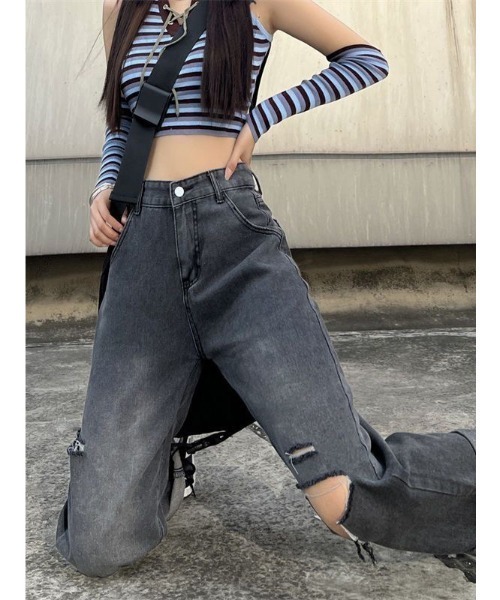 セール】クラッシュ ダメージ デニムパンツ ブラックデニム ウォッシュ