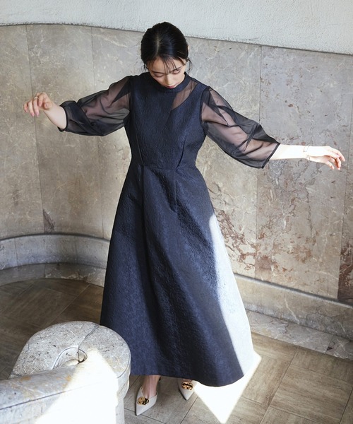 オケージョン対応】シアーランタンスリーブふくれジャカードドレス