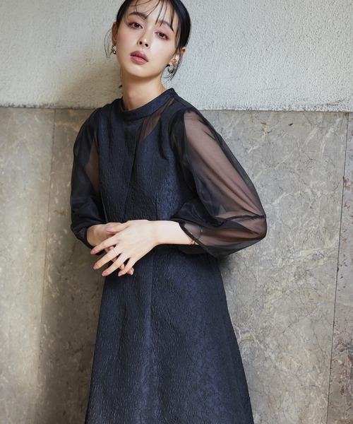 オケージョン対応】シアーランタンスリーブふくれジャカードドレス