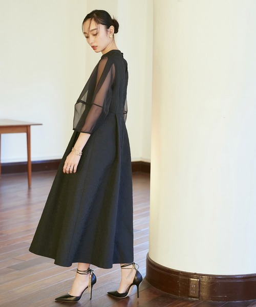 オケージョン対応】シアーランタンスリーブふくれジャカードドレス