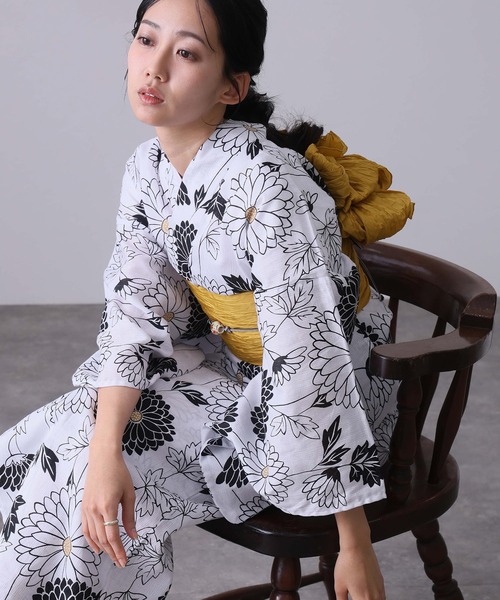 大人浴衣2点セット洗える 綿麻帯 兵児帯 女性 黒 選べる シック レトロ