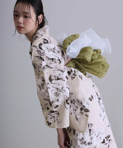 大人浴衣2点セット洗える 綿麻帯 兵児帯 女性 黒 選べる シック レトロ