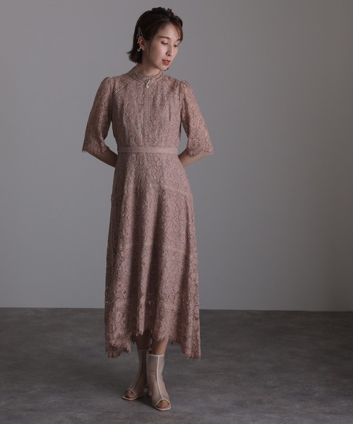 結婚式 パーティードレス 袖ありとミモレ丈スタンドカラー大きいサイズ