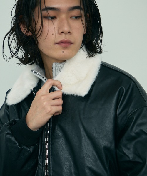 セール】fur collar synthetic leather jacket / 襟ファー合成皮革