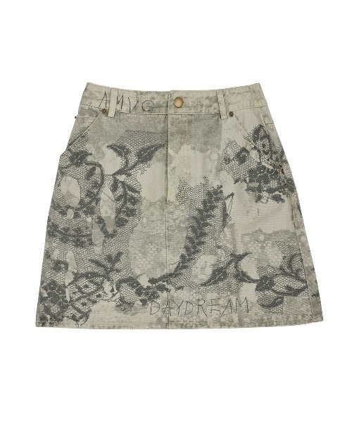 セール】MEDI TROMPE L'OEIL LACE PRINT MINI SKIRT（デニムスカート