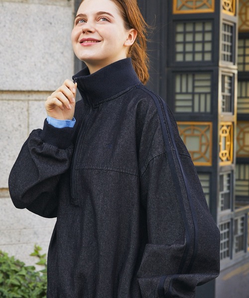 セール】デニムワンポイントナンバリング刺繍 ラインハーフジッププル