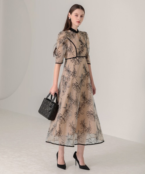 セール】【LEJA】配色パイピングプチハイネック花柄刺繍ラメレース