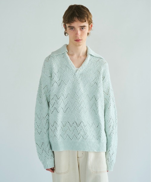 セール】skipper stitching l/s knit shirt / 透かし網みスキッパーL/S